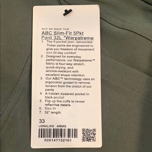 Lululemon Athletica ABC Slim-Fit 5pkt Pant 32L *Warpstreme Green Casual …